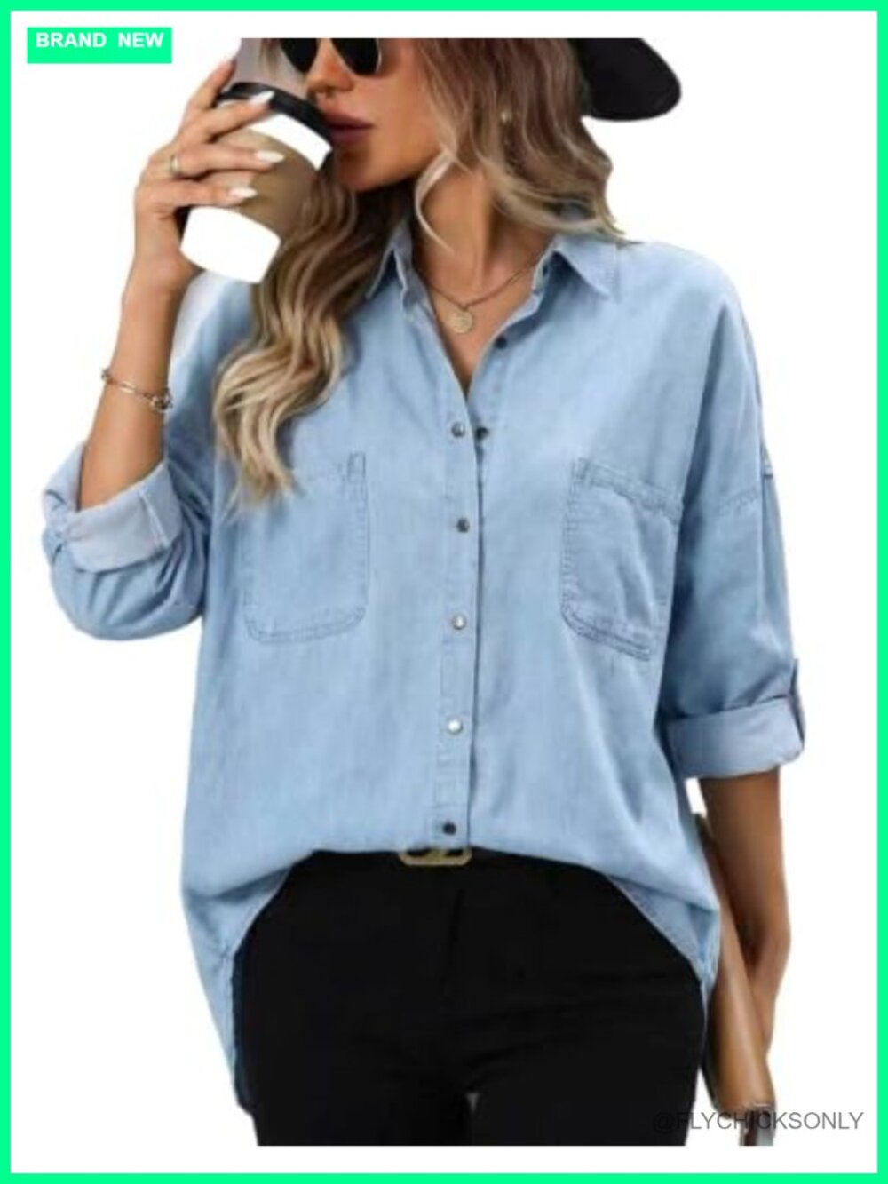 Women's Snap Button Denim Shirt Plus Size Long Sleeve